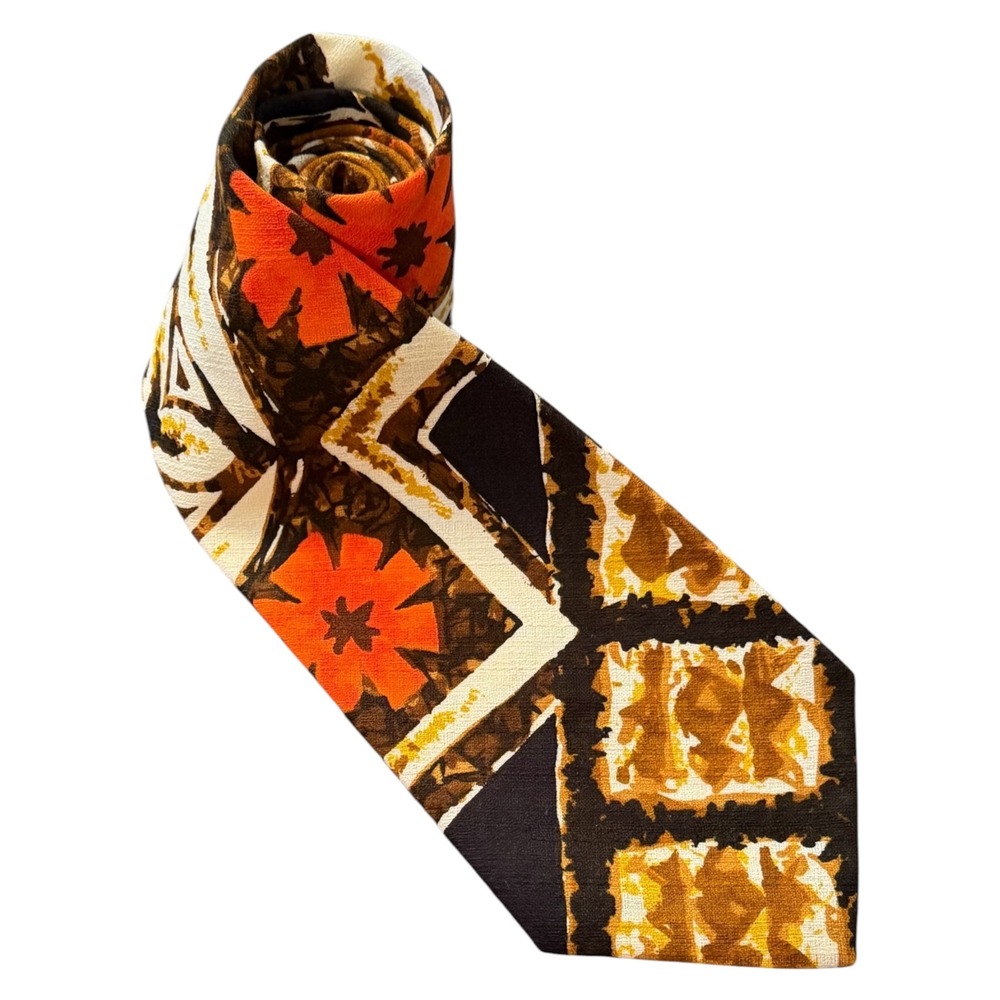Vintage Keehi Lagoon of Hawaii‎ Tiki Barkcloth Tie Orange Brown Geometric Floral